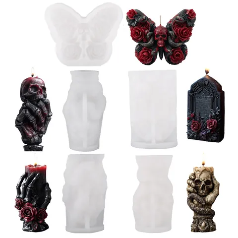 Gothic Halloween Skull Bone Hand Silicone Mold For Candle Making Rose Snake Butterfly Pattern Resin Plaster Decorative Tool