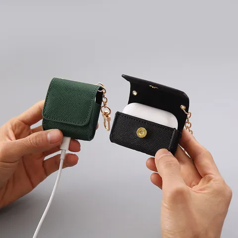 Retro Waterproof PU Leather Earphone Case For AirPods Pro 3 2 1 Generation Protective Cover With Gold Metal Keychain Hook