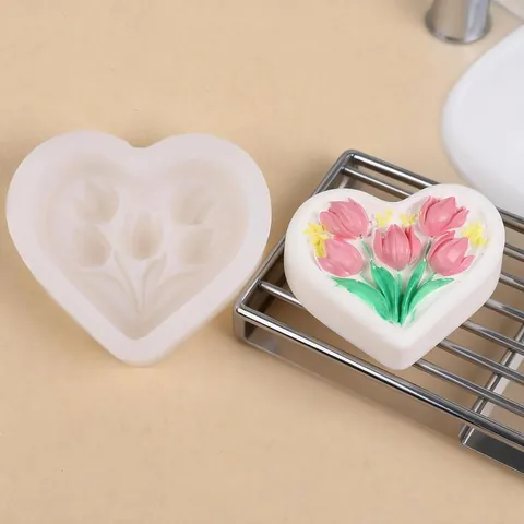 Valentine's Day Heart Tulip Bouquet Silicone Mold Heart Shape DIY Soap Aromatherapy Gypsum Ornament Candle Making Tool