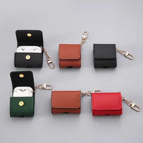 Retro Waterproof PU Leather Earphone Case For AirPods Pro 3 2 1 Generation Protective Cover With Gold Metal Keychain Hook