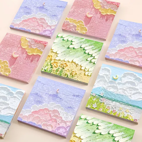 Impasto Oil Painting Texture Sticky Notes Aesthetic Landscape Sunset Flower Sea Memo Pads For Students Office Stationery Journal Supplies