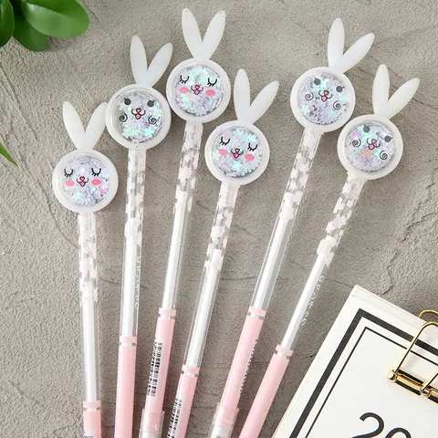 Creative Cartoon Rabbit Gel Pen 0.5mm Black Ink Student Stationery Pink White Sakura Pattern Glitter Sequins Writing Pen