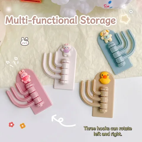 Cartoon Animal 3-Prong Rotatable Adhesive Hook Cute Wall Mounted Key Holder For Entrance Kitchen Bathroom Nail-Free Plastic Hook