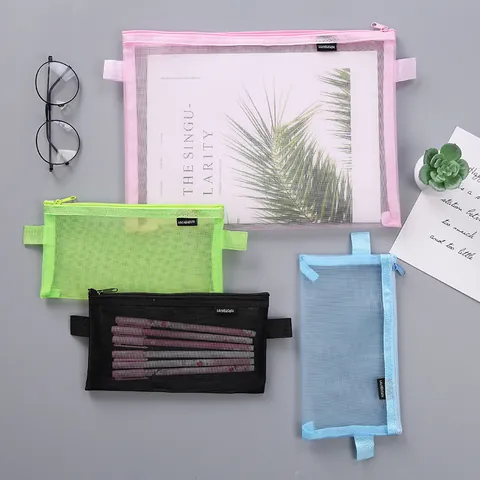 Creative Translucent Mesh Pencil Case Fashion Artistic Gauze A4 File Bag Korean Style Stationery Pouch Student Storage Bag