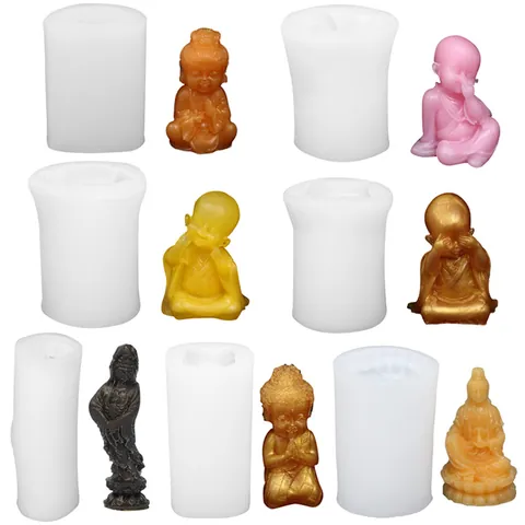 DIY Happy Little Monk Guan Yin Silicone Mold For Aromatherapy Candle Gypsum Ornament Buddha Figure Craft Molding Tool Zen Decor