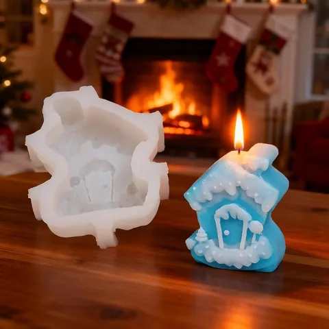 Molde de Silicona para Velas de Cabaña de Navidad Estilo Pintura al Óleo Molde de Adorno de Casa para Vela Aromática de Bricolaje