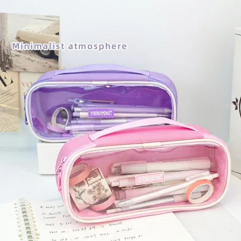 Large Capacity Transparent Handle Pencil Case Nylon PVC Waterproof Stationery Bag Makeup Pouch Student School Supplies Organizer
