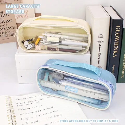 Large Capacity Transparent Handle Pencil Case Nylon PVC Waterproof Stationery Bag Makeup Pouch Student School Supplies Organizer