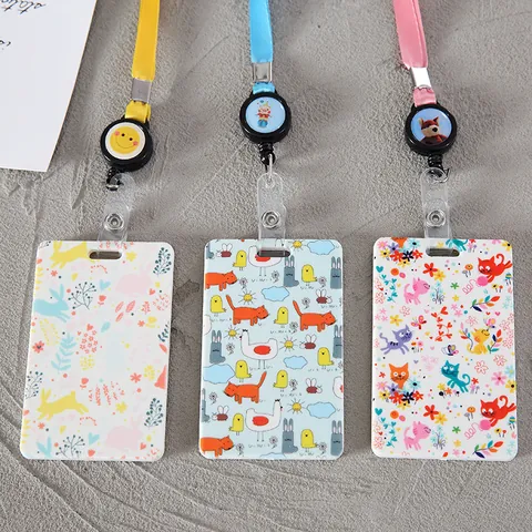 Creative Floral Student ID Card Holder With Retractable Lanyard Double-Sided Printed ABS Plastic Bus Card Protector Case