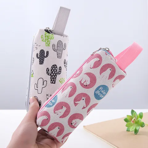 Korean Style Cartoon Canvas Pencil Case Minimalist Student Stationery Bag Large Capacity Zipper Pencil Pouch For School Gift
