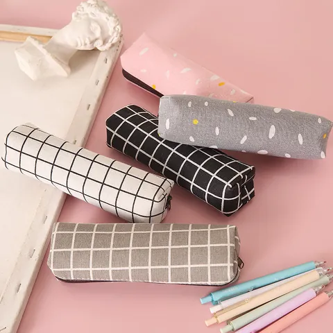 Large Capacity Canvas Pencil Case Grid Polka Dot Student Stationery Storage Bag Aesthetic Zipper Pencil Pouch For School Kids Office Gifts