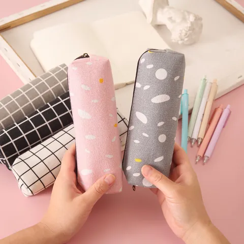 Large Capacity Canvas Pencil Case Grid Polka Dot Student Stationery Storage Bag Aesthetic Zipper Pencil Pouch For School Kids Office Gifts