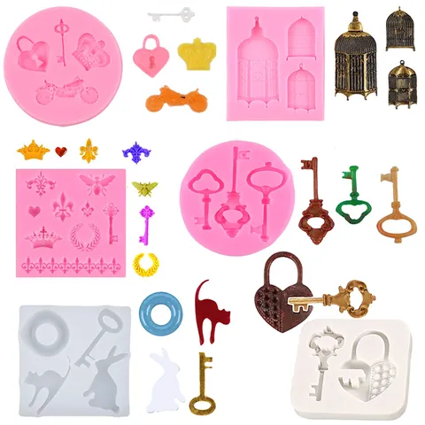 Moldes de Silicona Vintage con Forma de Llave Jaula de Pájaros Cerradura para Decoración de Pasteles DIY Fondant Chocolate