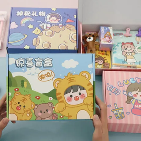 Creative Cartoon Stationery Set Mystery Box Surprise Gift Box For Kids Students Rewards School Supplies Printed Paper Gift Box