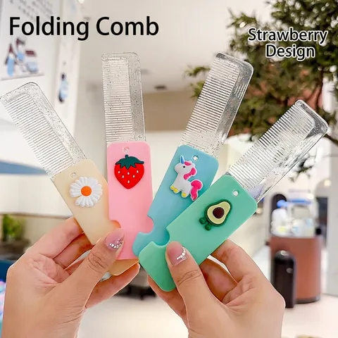 Peigne à Cheveux Pliant Portable pour Femmes Dessin Animé 3D Motif Fruits Animaux Paillettes Glitter Mini Brosse à Cheveux Voyage
