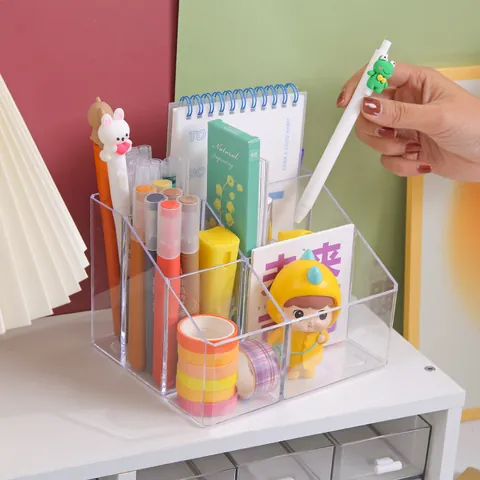 Clear PET Desk Pen Holder Organizer Stepped Compartment Stationery Storage Box For Office Student Desktop Supplies Case