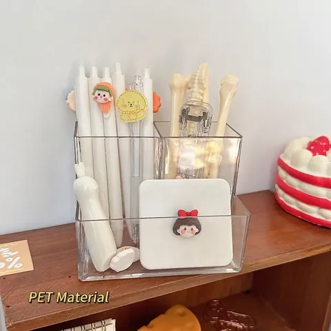 Clear PET Desk Pen Holder Organizer Stepped Compartment Stationery Storage Box For Office Student Desktop Supplies Case