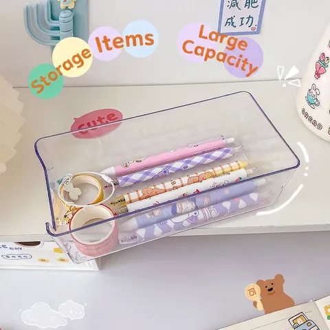 Desktop Storage Box Transparent PET Organizer For Stationery Makeup Jewelry Office Sundries Divider Case Clear Plastic Storage Bin
