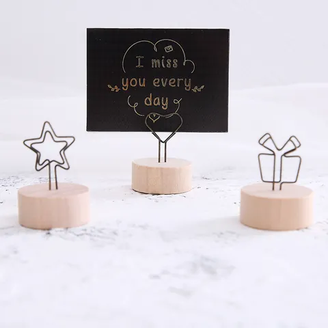 Wood Base Metal Memo Clip Holder Photo Stand Card Holder Retro Zakka Style Desk Decoration Flamingo Heart Shape Ornament