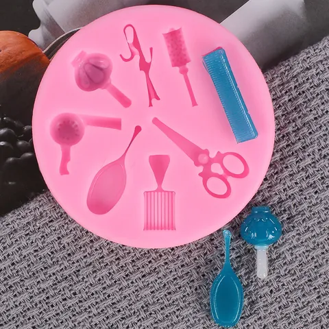 DIY Hairdressing Tools Silicone Mold Scissors Comb Mirror Shape Fondant Cake Decoration Chocolate Resin Craft Mold