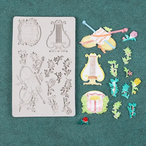 DIY European Musical Instrument Silicone Mold Violin Lyre Harp Flower Leaf Fondant Cake Decoration Chocolate Candy Making Mold