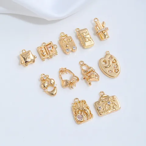 14K Gold Plated Brass Travel Pendants With Zirconia Bow Suitcase Bikini Ballet Dress For DIY Jewelry Making Bracelet Necklace Accessories
