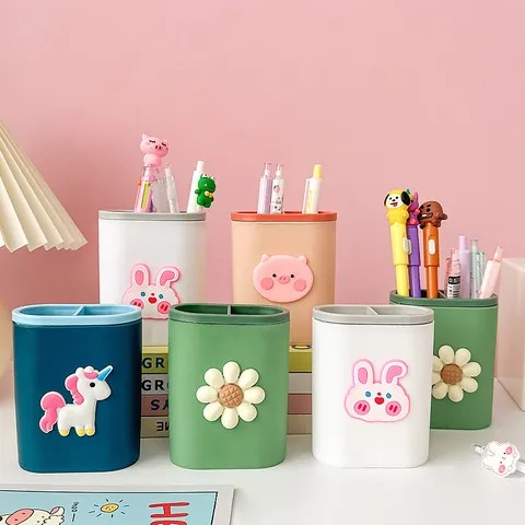 Cartoon Multi-grid Pen Holder Desk Organizer Cute Plastic Stationery Storage Box Multifunctional Makeup Brush Tube For School Office Home