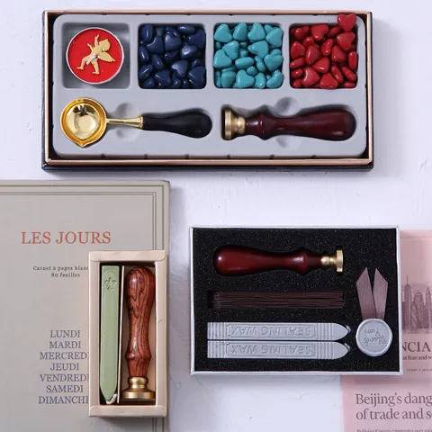Vintage Wax Seal Stamp Set Retro Sealing Wax Beads With Wood Handle Melting Spoon Candles For Envelope Invitations Gift Kit