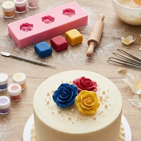 Moule en Silicone à 3 Cavités Fleur de Rose Rose 3D Floral Fondant Moule Pour Décoration de Gâteau Chocolat Bougie DIY Outils Artisanaux