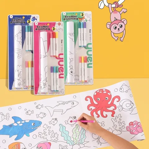Kids Coloring Roll Self-Adhesive Drawing Paper Scroll With Markers Cartoon Animal Dinosaur Theme Painting Toy Gift