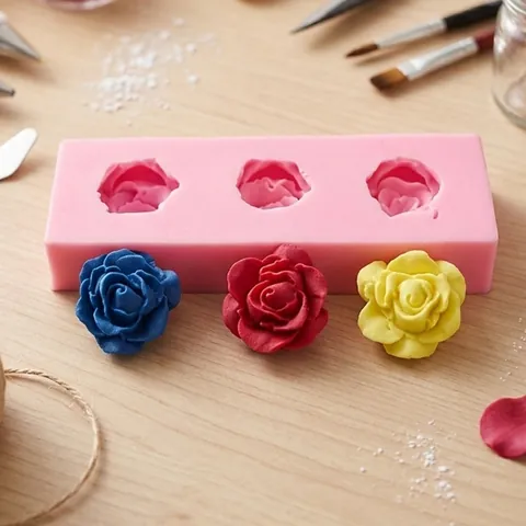 Moule en Silicone à 3 Cavités Fleur de Rose Rose 3D Floral Fondant Moule Pour Décoration de Gâteau Chocolat Bougie DIY Outils Artisanaux