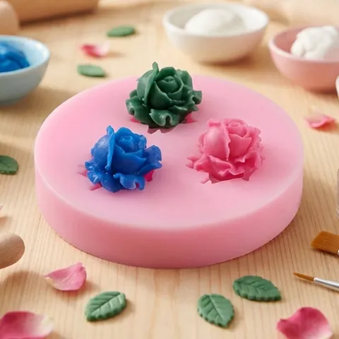 Stampo per Dolci in Silicone a 3 Cavità con Rose Fiori Strumento di Cottura Fai-da-te per Sapone Cioccolato Argilla Decorazione