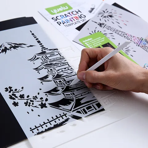 Set di Carta per Arte a Graffio Magico A4 per Bambini Animali Architettura Modello di Disegno Con Strumento Penna per Graffiare Kit di Pittura Artigianale Fai-da-te