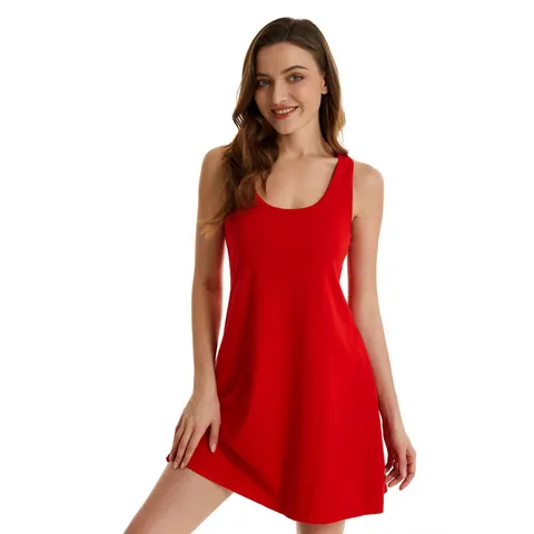 Robe Débardeur Casual en Polyester Sans Manches pour Femmes Grande Taille Couleur Unie Col Rond Robe Courte pour Maison Extérieur
