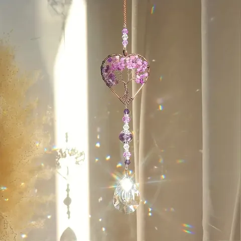 Heart Tree Of Life Crystal Suncatcher Hanging Ornament Zinc Alloy Natural Stone Wind Chime For Garden Window Home Decor Rainbow Maker