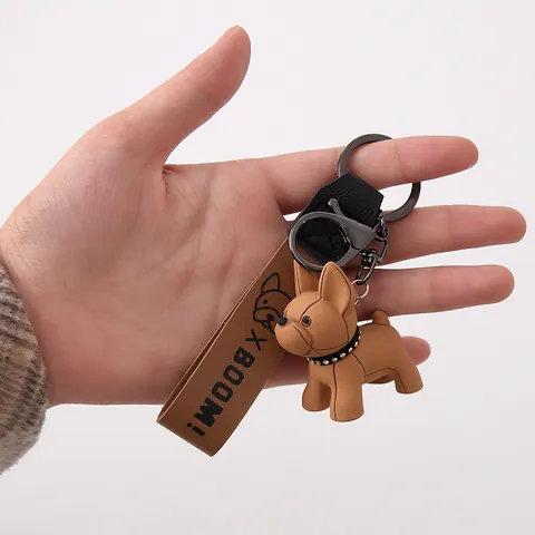 Cartoon French Bulldog Resin Keychain With PU Leather Strap Fashion Car Key Ring Bag Pendant Gift For Women Men Couples