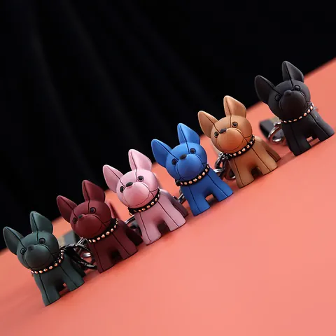 Cartoon French Bulldog Resin Keychain With PU Leather Strap Fashion Car Key Ring Bag Pendant Gift For Women Men Couples