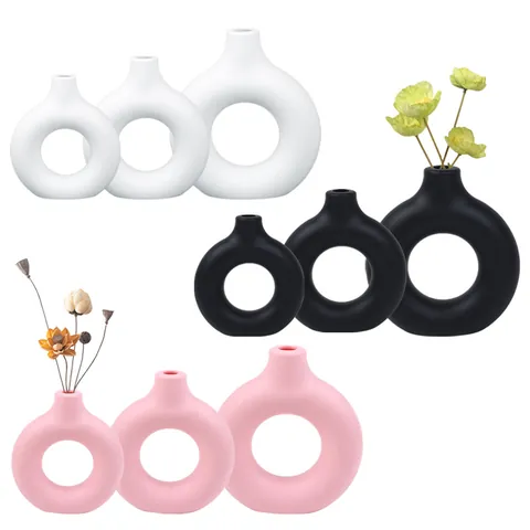 Nordic Minimalist Donut Vase Plastic Ceramic-Look PVC Decoration Hollow Round Flower Vase Modern Home Living Room Aesthetic Centerpiece