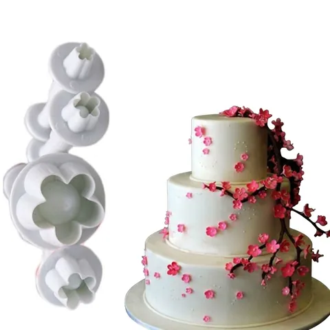 4pcs White Plastic Plum Blossom Fondant Cake Mold Five-Petal Flower Spring Press Plunger Cookie Cutter Baking DIY Tools