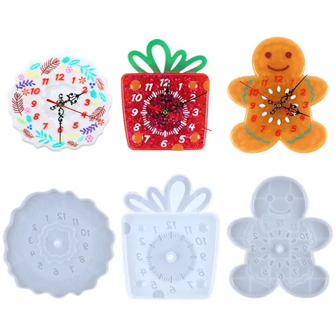 DIY Silicone Clock Mold For Resin Casting Wreath Gingerbread Man Gift Box Shape Clock Wall Decor Hanging Ornament Making