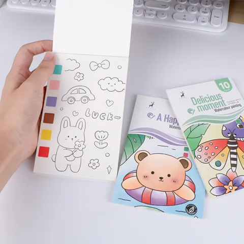 Portable Watercolor Painting Book For Kids Built-in Solid Pigment Coloring Drawing Paper DIY Bookmark Cartoon Animal Art Supplies