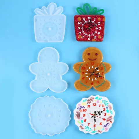 DIY Silicone Clock Mold For Resin Casting Wreath Gingerbread Man Gift Box Shape Clock Wall Decor Hanging Ornament Making
