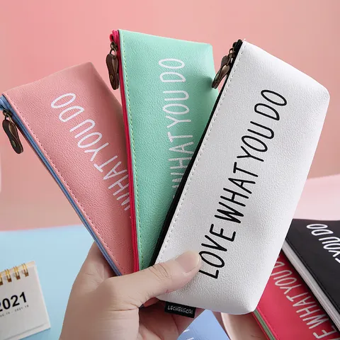 Large Capacity PU Pencil Case Waterproof Zipper Stationery Bag Simple Cute Cat Letter Print Pen Box For School Office Students