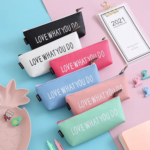 Large Capacity PU Pencil Case Waterproof Zipper Stationery Bag Simple Cute Cat Letter Print Pen Box For School Office Students