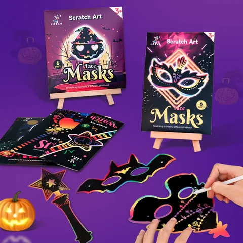 Halloween Παιδικό Σετ DIY Μάσκα Τέχνης Ξυσίματος Ουράνιο Τόξο Δημιουργικό Πάρτι Γκραφίτι Παιχνίδι Σετ Μαγικό Ραβδί Ρολόι