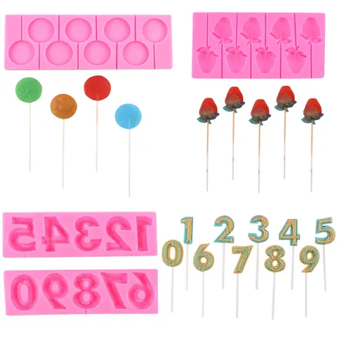 DIY Silicone Lollipop Molds For Chocolate Hard Candy Making Strawberry Round Number Traffic Light Shape Baking Tools Cake Decoration