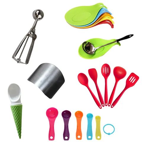 Multi Functional Kitchen Tools Set Stainless Steel Finger Guard Silicone Soup Spoon Ladle Slotted Spatula Ice Cream Scoop Kitchen Safety Gadgets