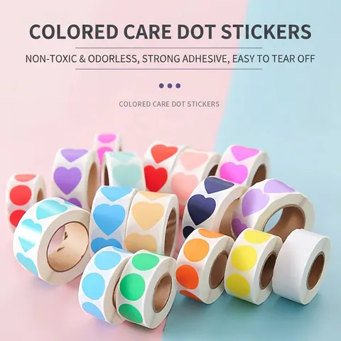 Colorful Heart Round Dot Adhesive Label Stickers Waterproof Coated Paper Sealing Labels For Gift Decoration Marking Office