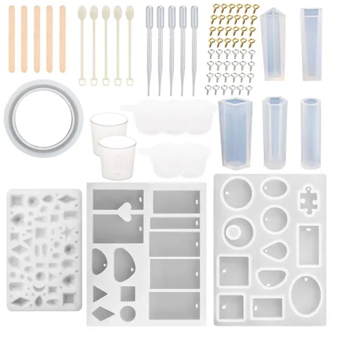 Kit de 79 Piezas Molde de Joyería de Resina Epoxi de Cristal DIY Moldes Geométricos de Silicona con Taza Medidora y Pernos para Manualidades