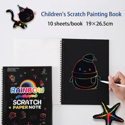 Rainbow Scratch Paper Note Book DIY Hand Painted Scratchbook Kids Educational Drawing Toy Colorful Sketch Book With Bamboo Stick